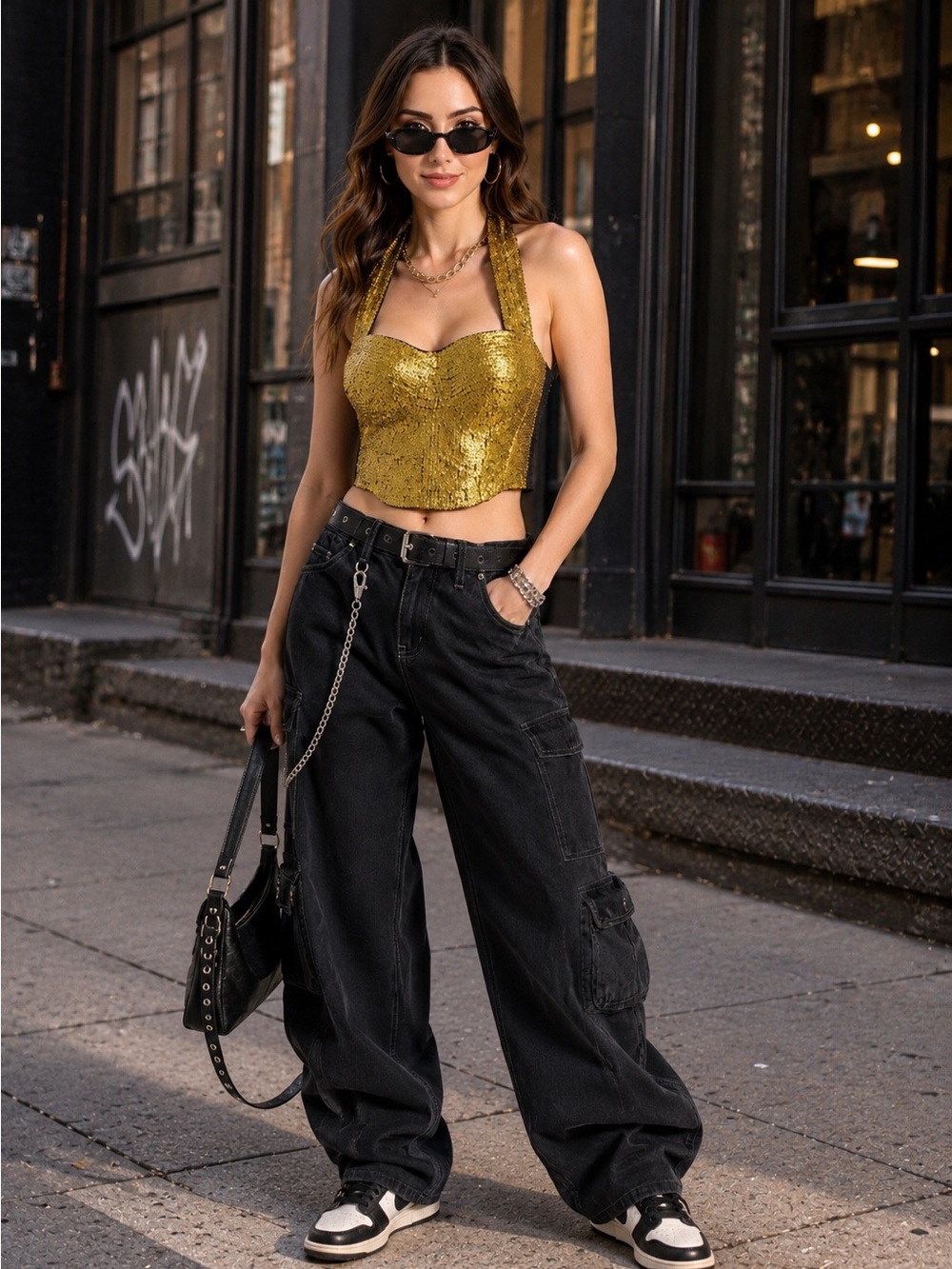 Ultra Brand Gold Sequin Halter Bustier Crop Top - Size M